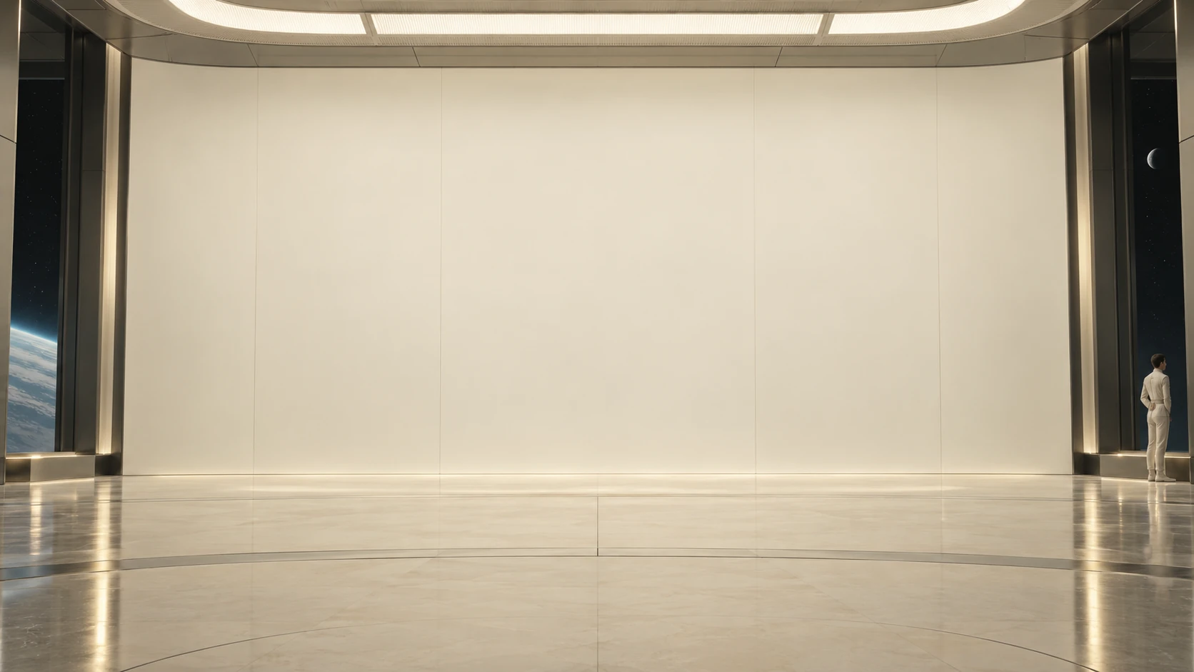 A panoramic command room with a view into space