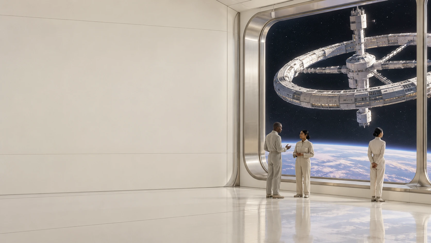 A cinematic observatory with people looking toward the horizon